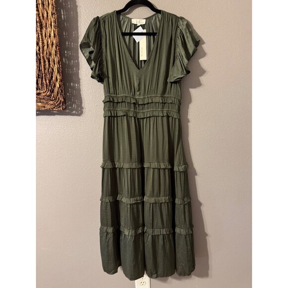 Pinch Tiered Maxi Dress L Large Olive Green Silky Short Flutter Sleeve NEW - Picture 14 of 16